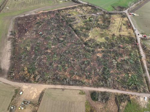 Bild des komplett von RWE zerstörten Bochheimer Wäldchens aus der Vogelperspektive