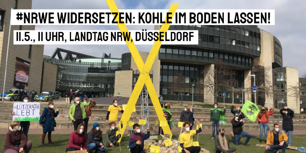 Sharepic mit vielen Menschen und einem gelben X vor dem Landtag in Düsseldorf
