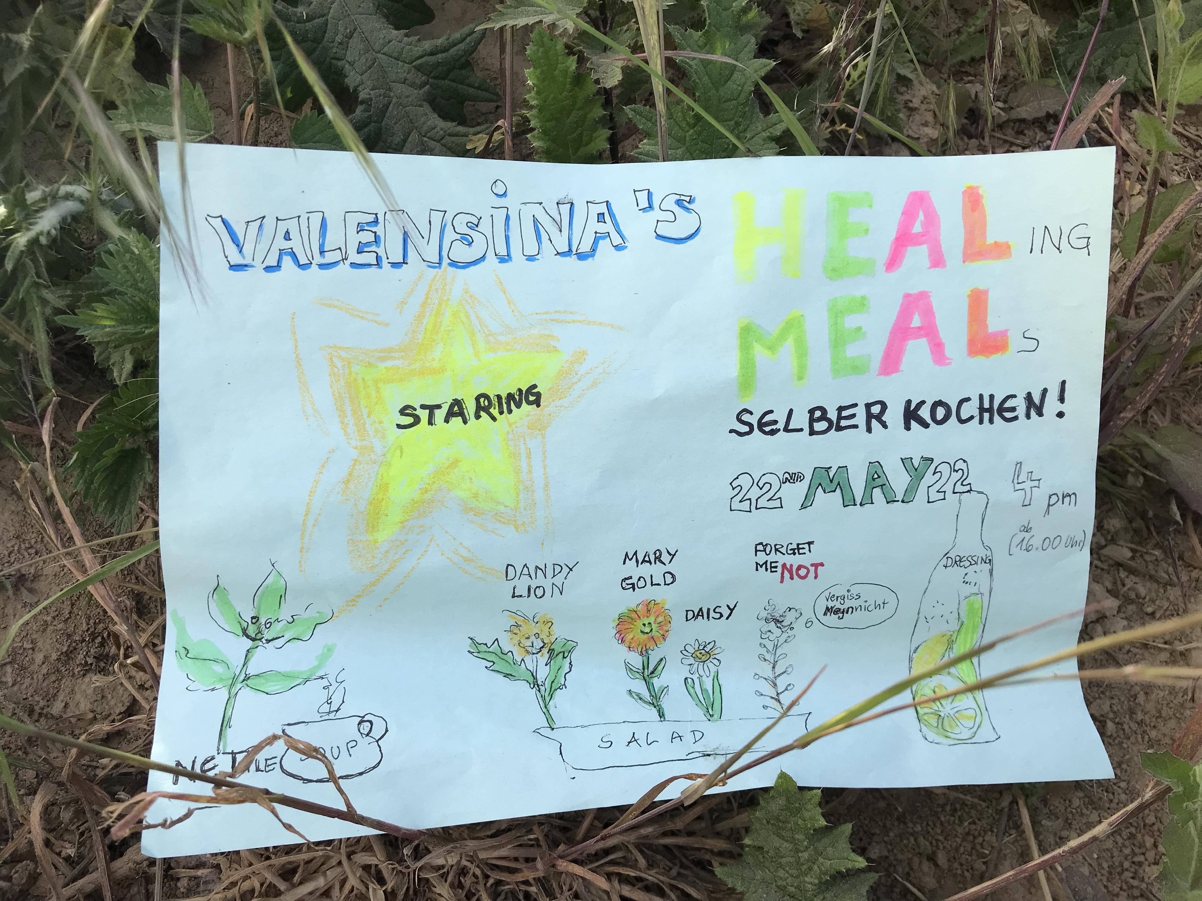 Zeichnung mit Ankündigung der Veranstaltung und verschiedenen Wildpflanzen