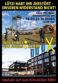 Sharepic ist für eine Großdemo in Essen. Oben auf dem Bild ist der Kohlebagger sichtbar und die RWE Hauptzentrale.