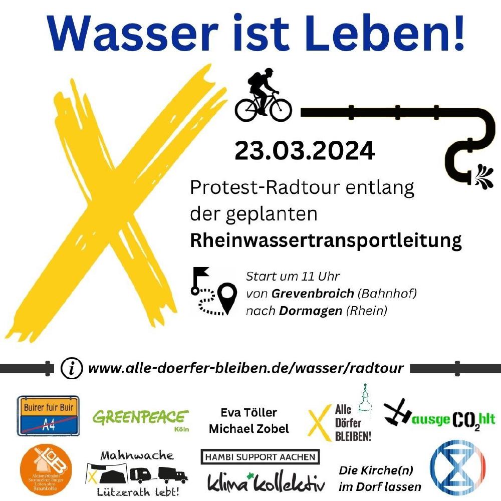 Sharepic zeigt symbolisch ein großes gelbes X und ein Mensch auf einem Fahrrad, der auf schwarze Rohre zu fährt. Dies soll die Pipline darstellen, wo am Ende schwarzes Wasser rauskommt.