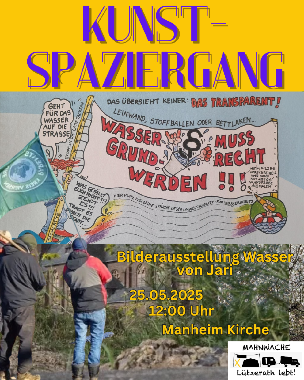 Auf dem Bild ist rechts eine Kirche und daneben sind Menschen mit Fahnen.