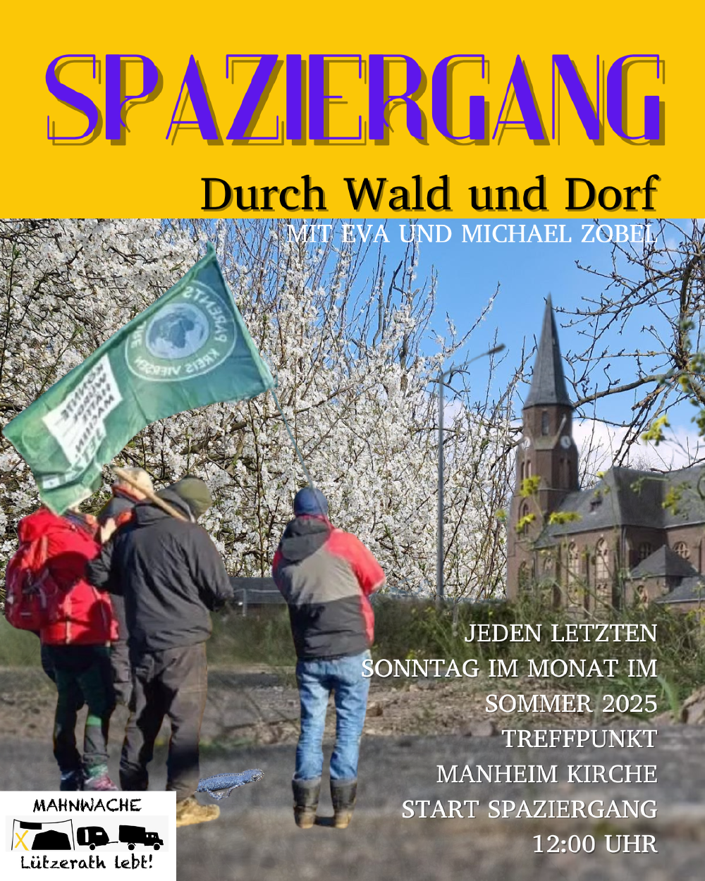 Auf dem Bild ist rechts eine Kirche und daneben sind Menschen mit Fahnen.