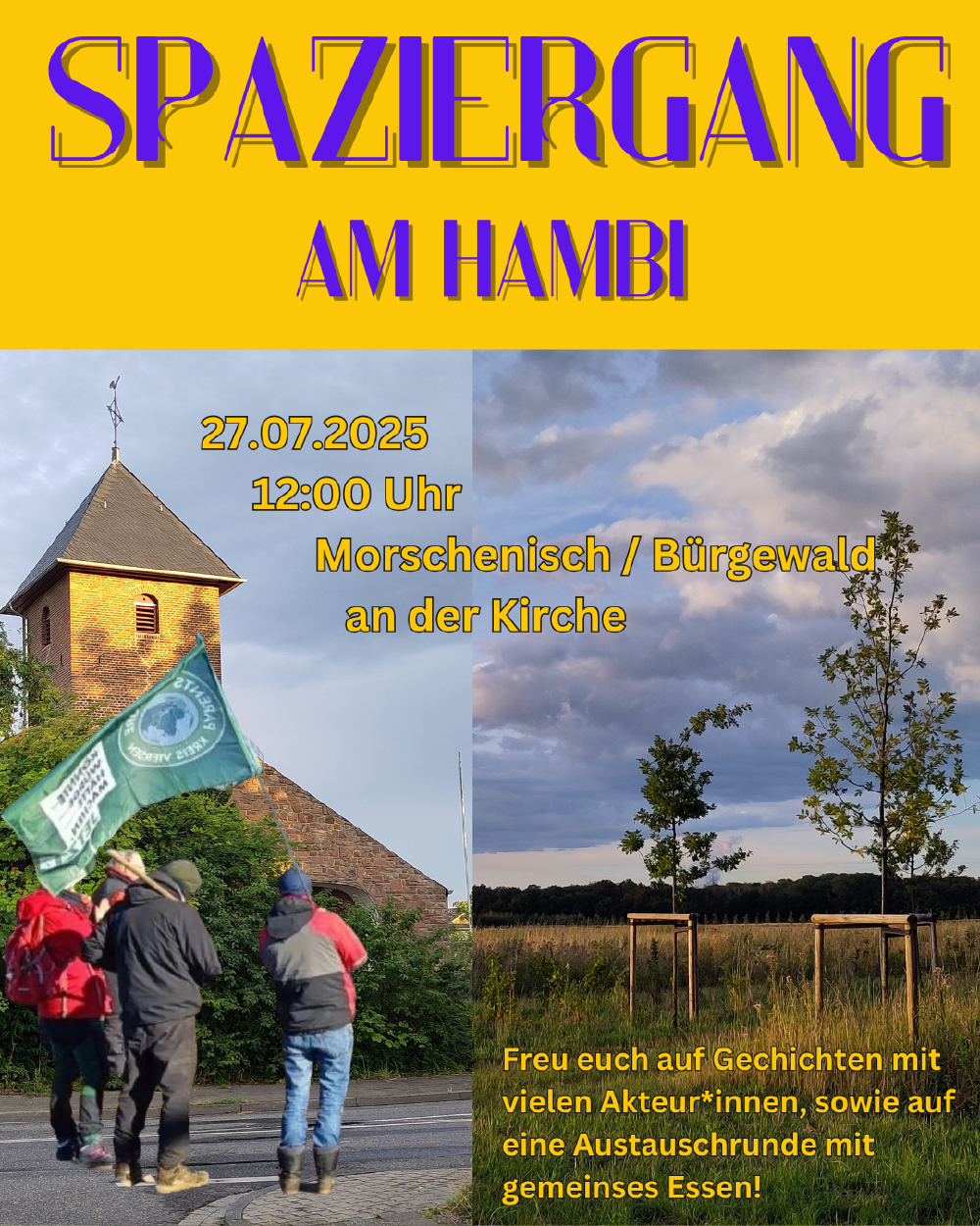 Auf dem Bild ist rechts eine Kirche und daneben sind Menschen mit Fahnen.
