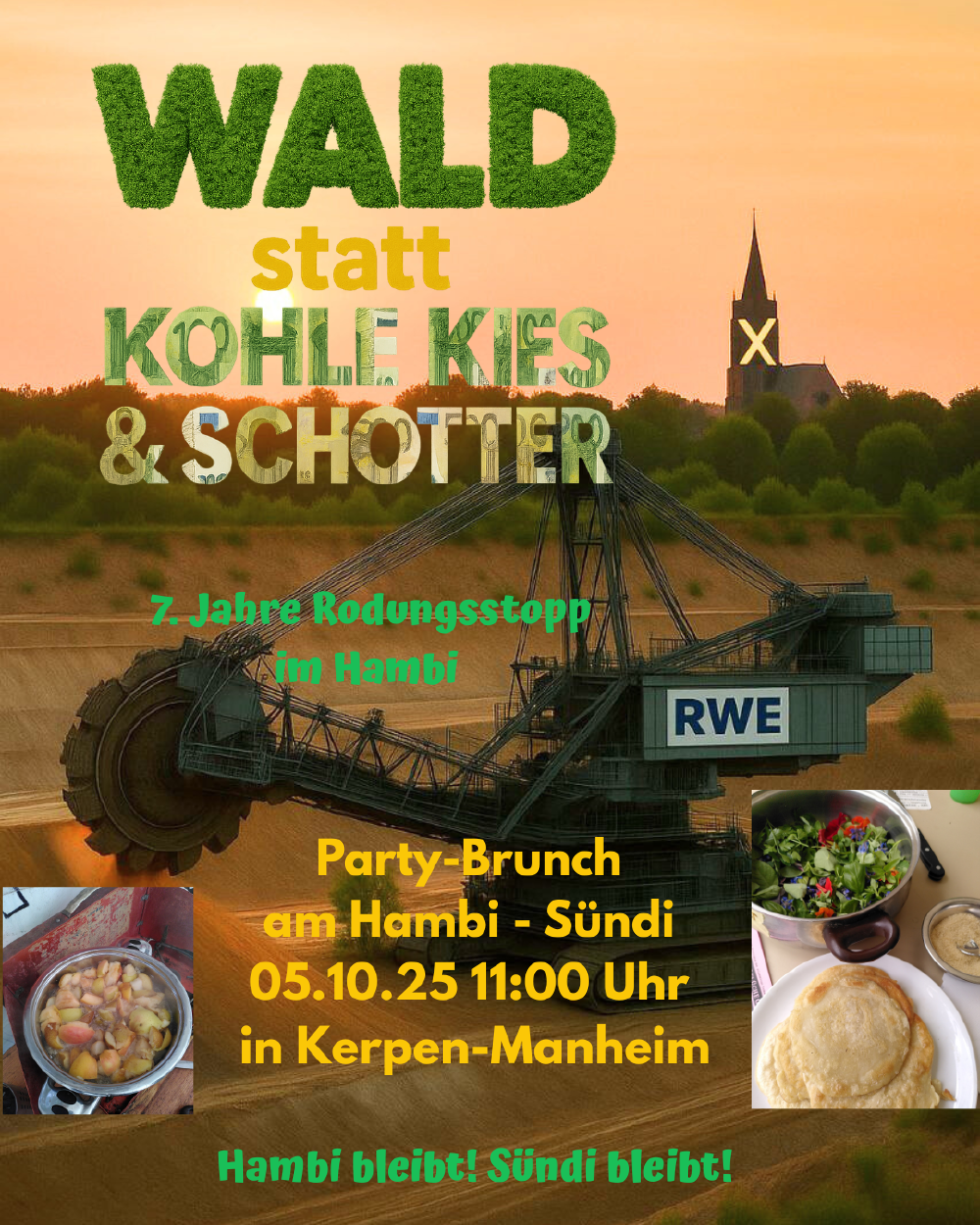 Bild mit Tagebau, Braunkohlebagger, einer Kirche im Hintergrund. Bei der Bewerbung ist Essen sichtbar.