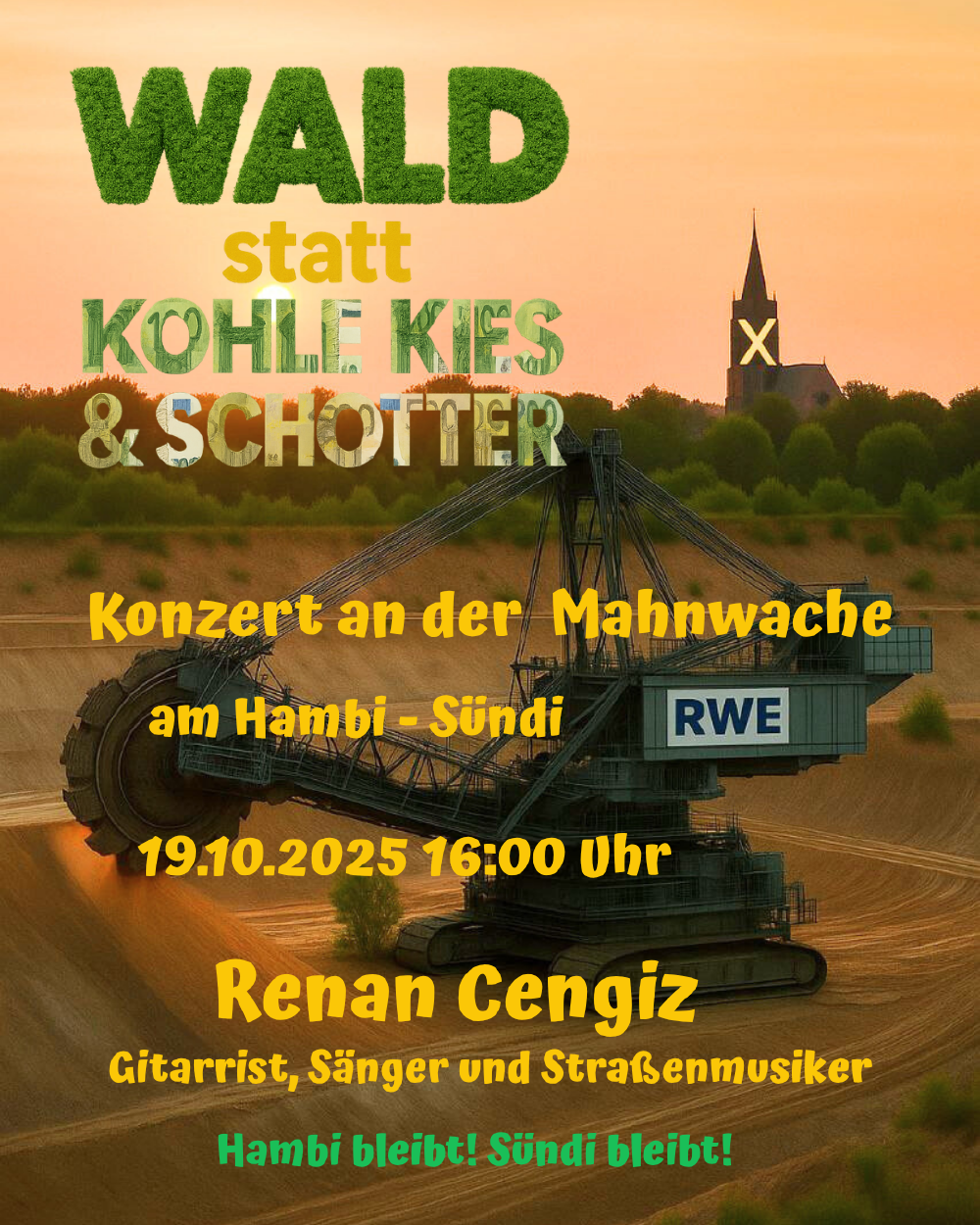 Ein Zelt mit der Aufschrift "Kohlebagger im Tagebau. Im Hintergrund ist ein Wald und eine Kirche mit gelbem X zu sehen.