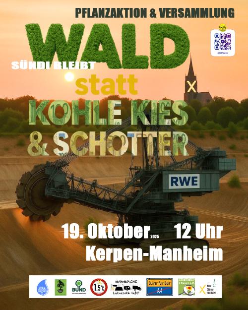 Kohlebagger im Tagebau. Im Hintergrund ist ein Wald und eine Kirche mit gelbem X zu sehen.