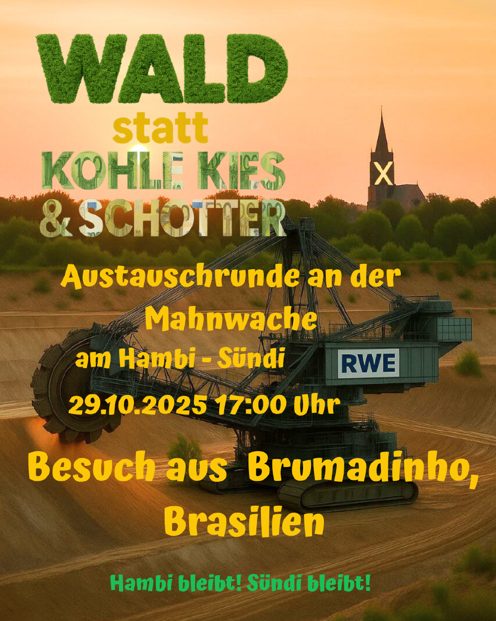 Ein Zelt mit der Aufschrift "Kohlebagger im Tagebau. Im Hintergrund ist ein Wald und eine Kirche mit gelbem X zu sehen.