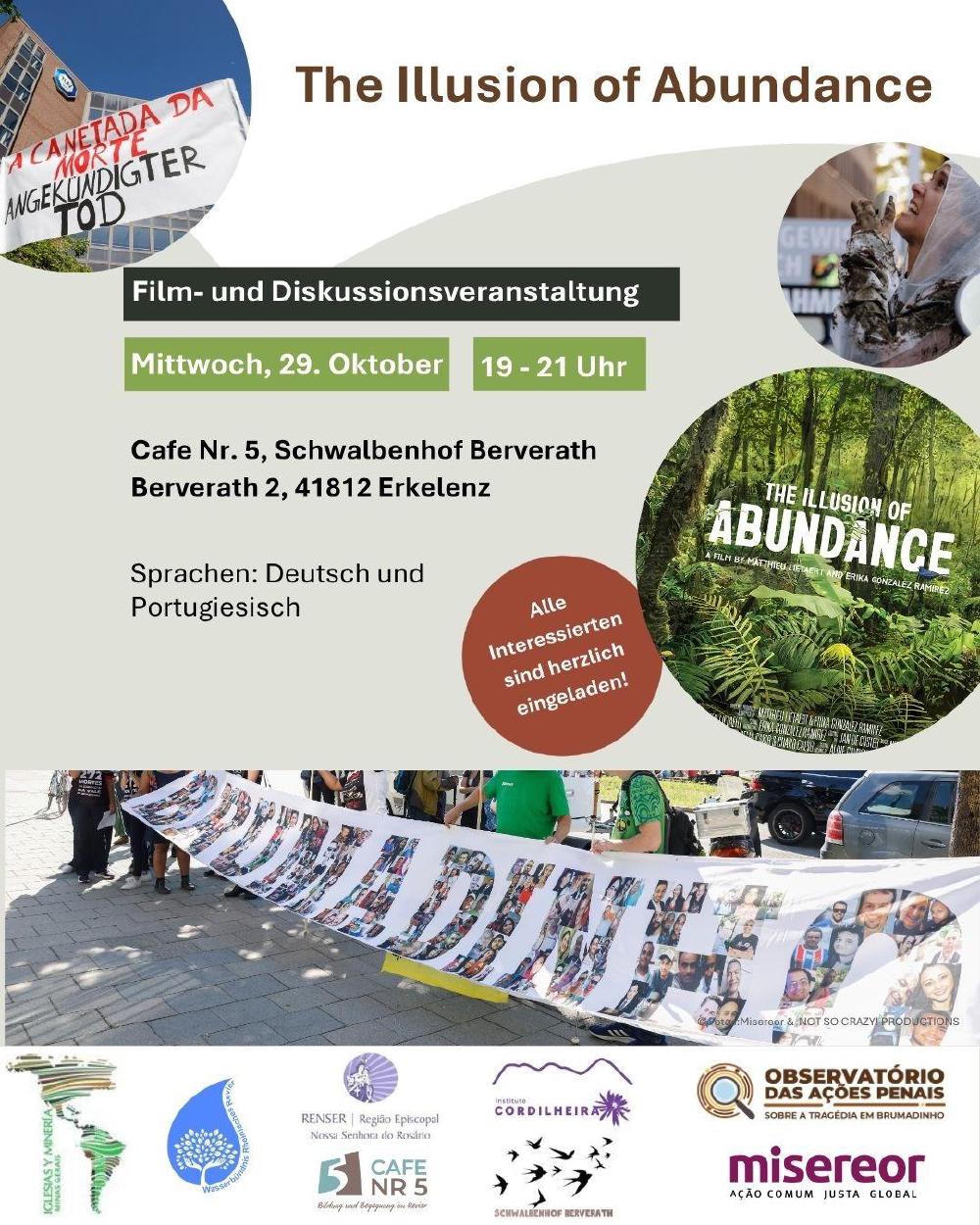 Sharepic mit Menschen am Banner und Waldausschnitt.